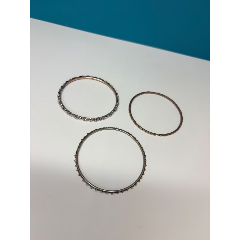 Mixed Metal Bangle Bracelet Set 3pc Silver Gold Copper Textured Boho‎